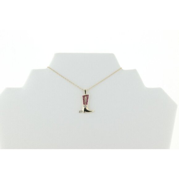 10k Yellow Gold Lab Created Ruby and Diamond Cowboy Boot Necklace 18 inch chain - Picture 6 of 8